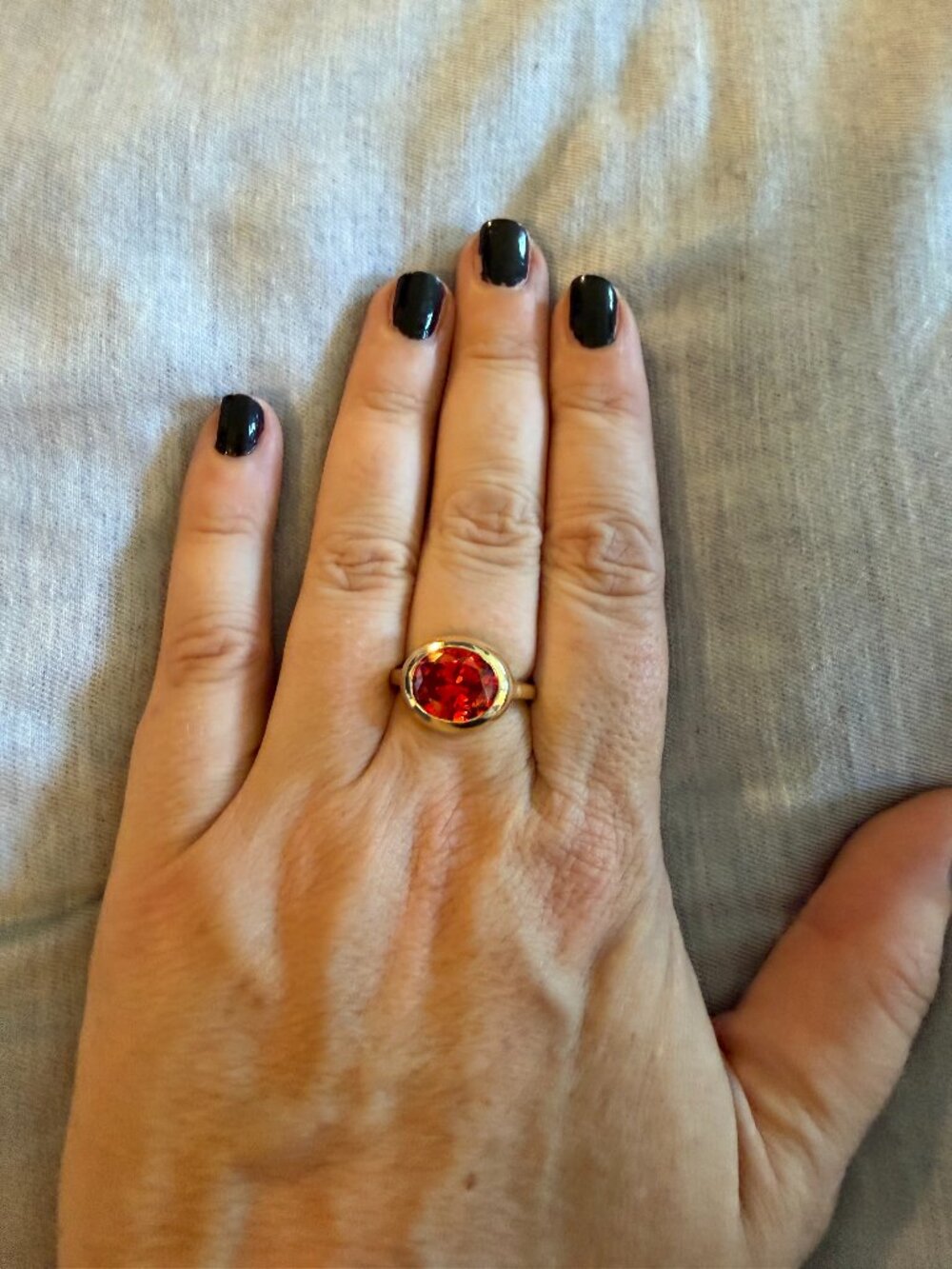 BaubleBar Gold Bezel Ring Size 8 Oval Red Orange Cubic Zirconia Statement